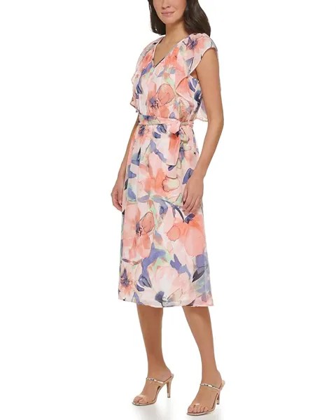 Платье DKNY Ruffle Sleeve V-Neck Midi Dress, цвет Sunkist Coral/Spring Navy Multi