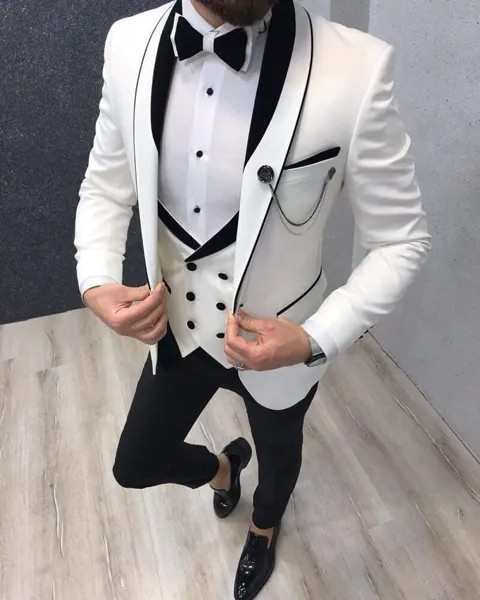 Смокинг мужской белый синий, Свадебный костюм, мужской блейзер, Черная шаль с лацканами, облегающие смокинг для жениха, новейший дизайн пальто и брюк