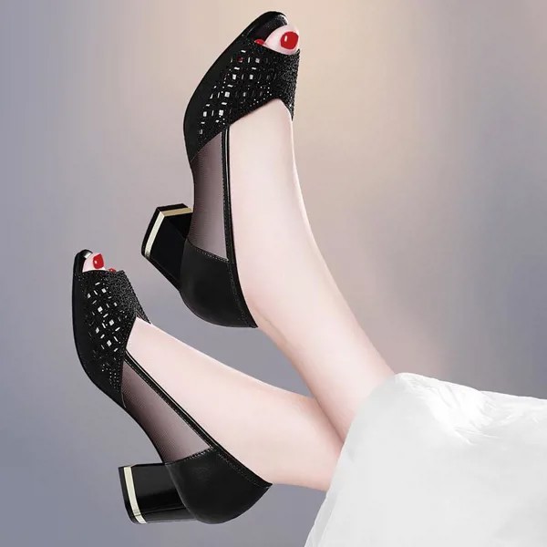 Лето Женщины Сандалии Bling Открытый носок Высокие каблуки Полые насосы Женское платье Обувь OL Обувь Размер 35-40