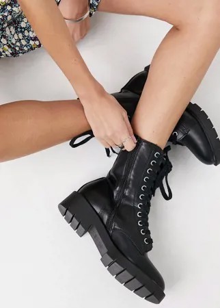 Черные высокие ботинки с плоской подошвой и шнуровкой New Look-Черный цвет