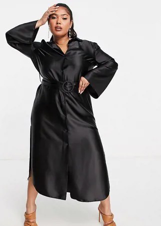 Атласное платье-рубашка миди черного цвета с широкими рукавами и поясом ASOS DESIGN Curve-Черный цвет
