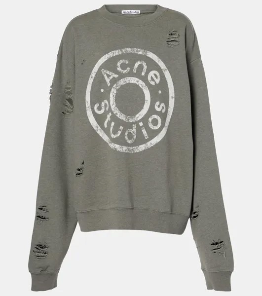 Свитшот из хлопковой смеси с логотипом и потертостями Acne Studios, цвет moss green