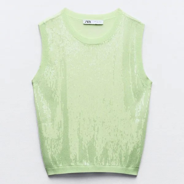 Топ Zara Sleeveless Sequinned Knit, светло-зеленый