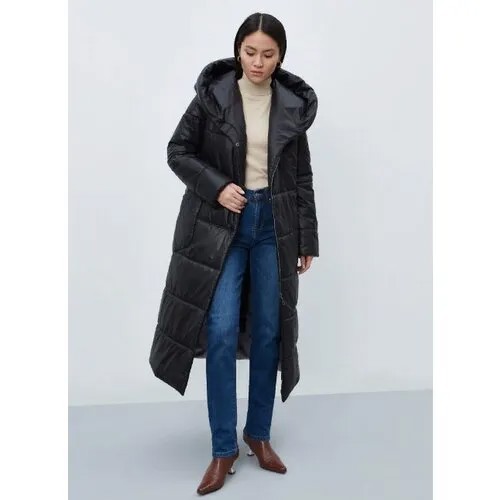 Куртка  Electrastyle, демисезон/зима, удлиненная, силуэт прямой, капюшон, карманы, пояс/ремень, размер 42, черный