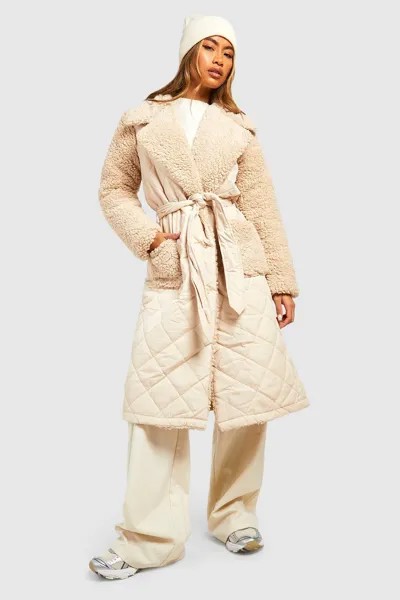 Стеганый тренч со вставками Teddy boohoo, бежевый