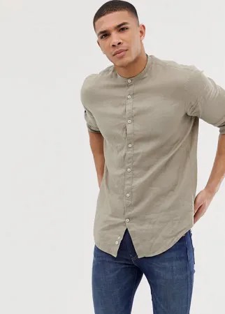 Бежевая льняная приталенная рубашка с воротником-стойкой и длинными рукавами Celio-Neutral