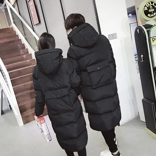 Boyfrend корейский пуховик большого размера для влюбленных, мужское длинное пальто, куртка с капюшоном и карманами, Утепленная зимняя парка с хлопковой подкладкой, пальто