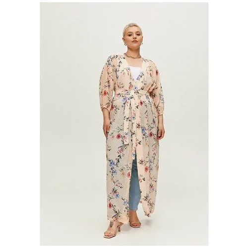 Платье-кимоно удлиненное, цветочный принт, бежевый (L-XL)