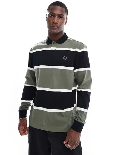 Рубашка-поло с длинными рукавами и широкими полосками Fred Perry зеленого и черного цвета