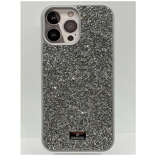 Чехол Сваровски (Swarovski) на айфон 13 Pro, силиконовый со старазами, серебристый