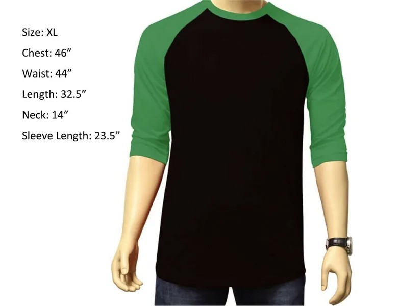 Простая футболка с рукавом 3/4 Бейсбольный джерси реглан Спортивная мужская Черный Зеленый XL