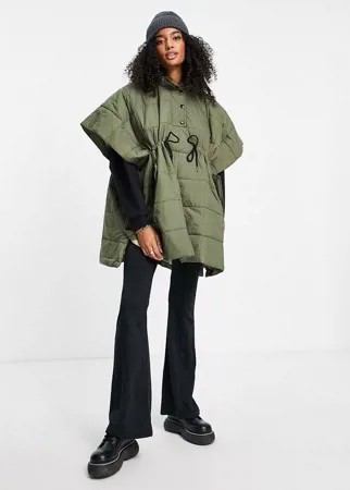 Стеганая куртка-пончо цвета хаки с капюшоном и завязкой на поясе Selected Femme-Зеленый цвет