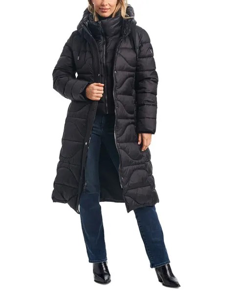 Женский стеганый пуховик с поясом и капюшоном Vince Camuto, черный