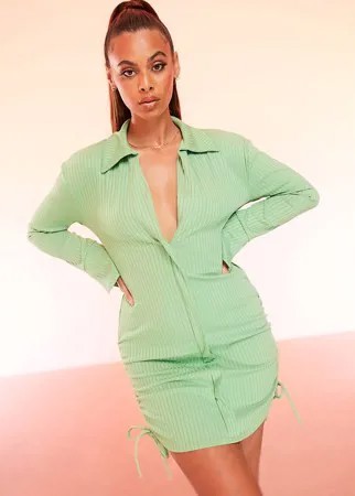 Зеленое платье-рубашка мини в рубчик со сборками в стиле 70-х ASOS DESIGN-Бежевый