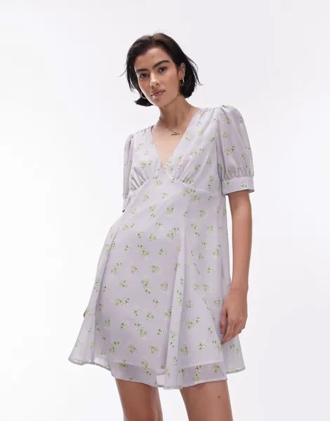 Короткое чайное платье синего цвета с широким воротником и цветочным принтом Topshop