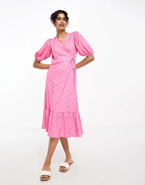 Розовое платье миди с запахом Y.A.S с вишнёвым принтом