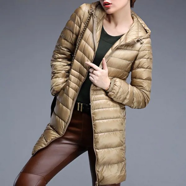 Зима Женщины Ультра легкая куртка с капюшоном Тонкий длинный рукав Parka Пальто