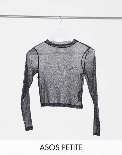 Блестящий сетчатый лонгслив черного цвета ASOS DESIGN Petite-Черный цвет