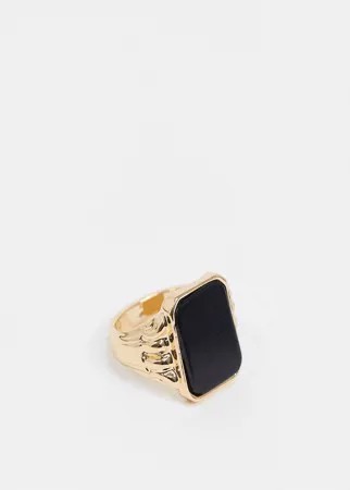 Золотистое кольцо-печатка с черным камнем квадратной формы Chained & Able-Золотой