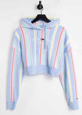 Укороченное худи в полоску пастельных цветов Tommy Jeans-Голубой