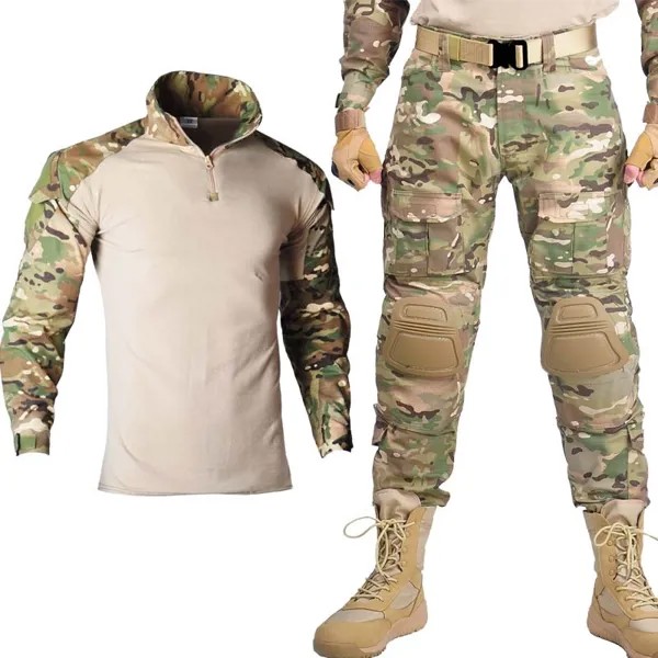 Костюм мужской Тактический в стиле милитари, рубашка поло и камуфляжные брюки-карго с наколенниками и налокотниками, уличная одежда для тренировок и походов