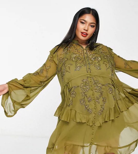 Оливковое шифоновое платье мини с трафаретной цветочной вышивкой ASOS DESIGN Curve-Зеленый цвет