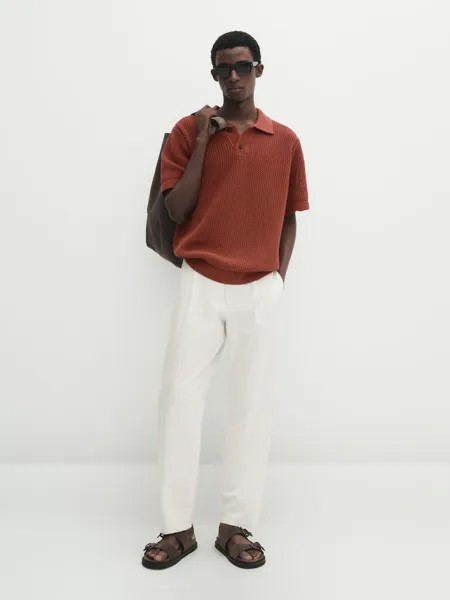Текстурированный свитер-поло с короткими рукавами Massimo Dutti, оранжевый