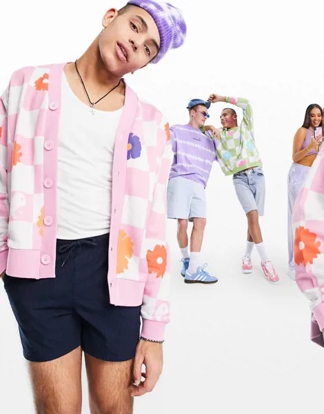 Oversized-кардиган из трикотажа со сплошным узором в виде шахматной клетки с цветами ASOS DESIGN-Многоцветный