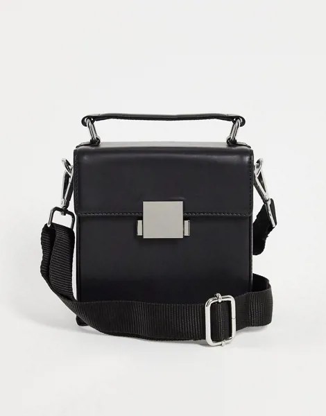 Черная квадратная сумка через плечо из искусственной кожи с твердым корпусом, ручкой и пряжкой-застежкой ASOS DESIGN-Черный цвет