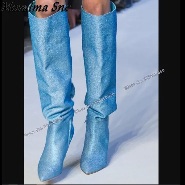 Женские ботфорты с острым носком Moraima, Голубые ботинки на высоком каблуке-шпильке, подиумная обувь на каблуке