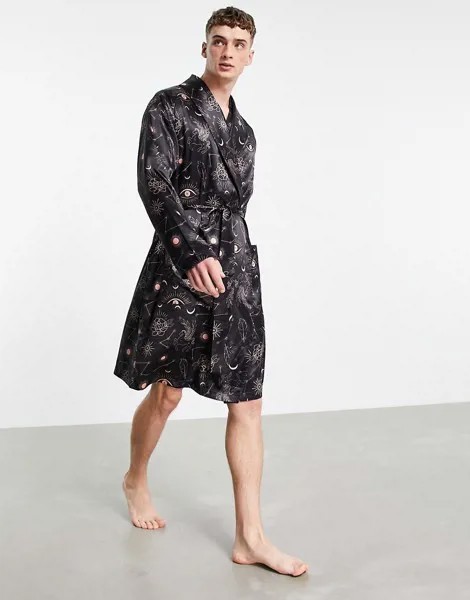 Атласный халат с космическим принтом (от комплекта) ASOS DESIGN-Черный цвет