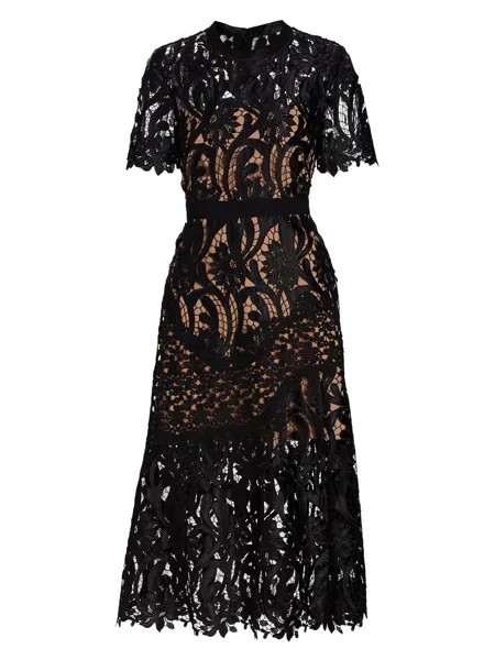 Кружевное платье-миди из гипюра Prairie Self-Portrait, черный
