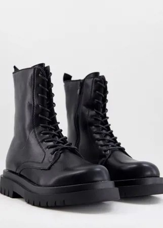Черные ботинки из искусственной кожи в минималистичном стиле на массивной подошве и шнуровке Truffle Collection-Черный цвет