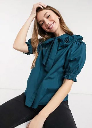 Темно-зеленая блуза из поплина с присборенным воротником New Look-Зеленый