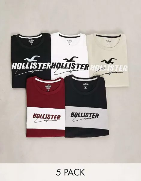 Комплект из 5 разноцветных футболок с техническим логотипом и цветными блоками Hollister
