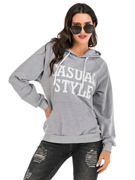 Milanoo Women\'s Hoodie Grey Long Sleeves Printed Cotton Hooded Sweatshirt