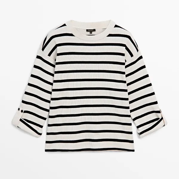 Свитшот Massimo Dutti Striped Ribbed With Button-tab, кремовый