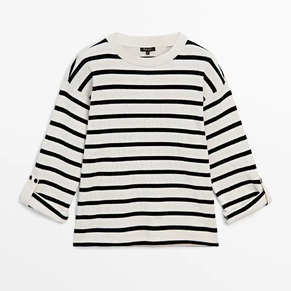 Свитшот Massimo Dutti Striped Ribbed With Button-tab, кремовый