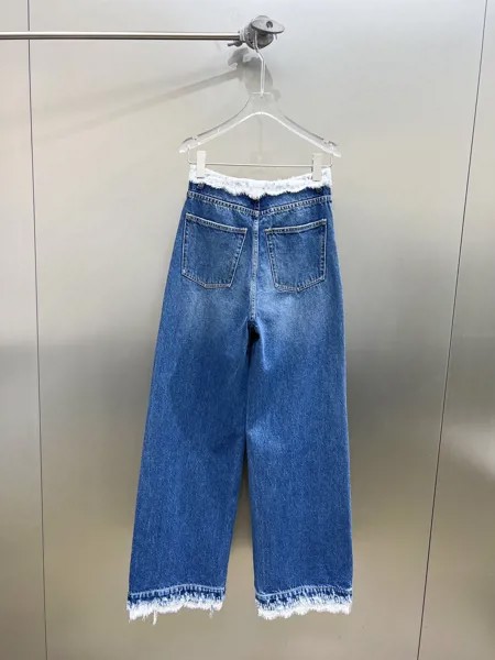 Новые кружевные лоскутные джинсы с высокой талией и широкими штанинами для весны и лета