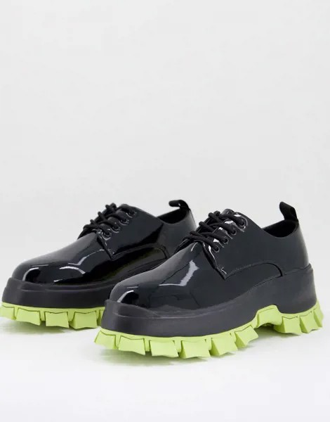 Черные лакированные ботинки на шнуровке и толстой подошве лаймового цвета ASOS DESIGN-Зеленый цвет