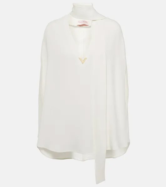 Шелковая блузка с накидкой и воротником-стойкой Valentino, белый