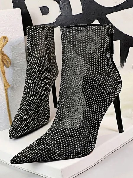Milanoo Women Boots Sandal High Heel Stiletto Heel Mesh Squined Rave Club Ankle Boots