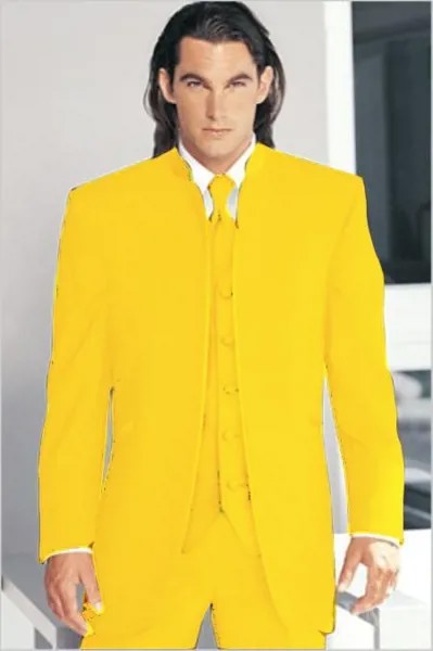 Смокинги для жениха C467, фирменный мужской костюм на свадьбу, с желтым отворот китайского стиля, блейзер + брюки + жилет + бабочка