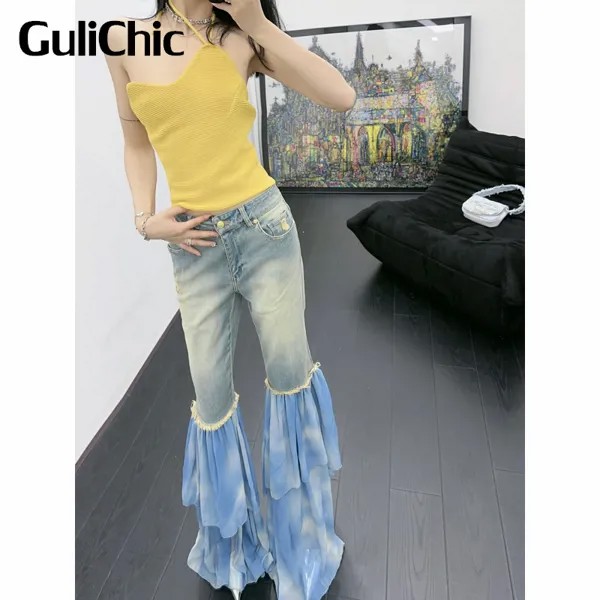 Женские расклешенные джинсы GuliChic, модные контрастные лоскутные джинсы с принтом и оборками на подоле, 3,13