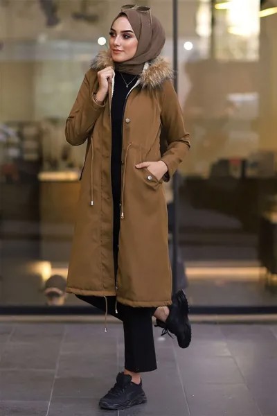 С флисовой подкладкой 2401 пушистое пальто-коричневые кофейные водонепроницаемые хиджаб пальто и верхняя одежда