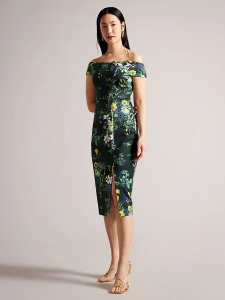Облегающее платье Ted Baker Divena Bardot, темно-зеленый/мульти