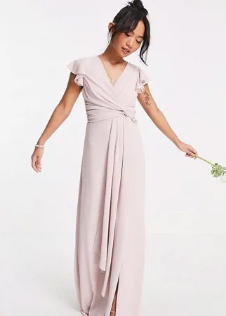 Серовато-бежевое платье макси подружки невесты с рукавами клеш и оборками TFNC Petite-Розовый цвет