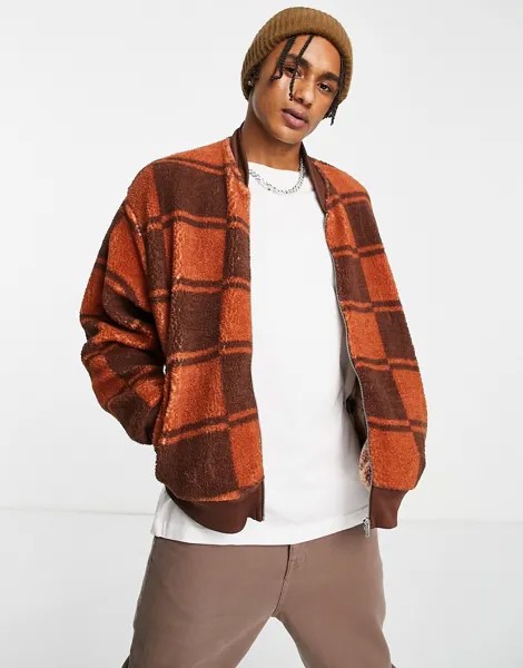 Коричневая укороченная oversized-куртка из искусственного меха в клетку ASOS DESIGN-Коричневый цвет