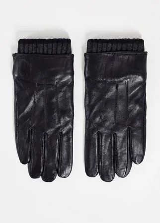Черные кожаные перчатки с манжетами в рубчик Boardmans-Черный цвет