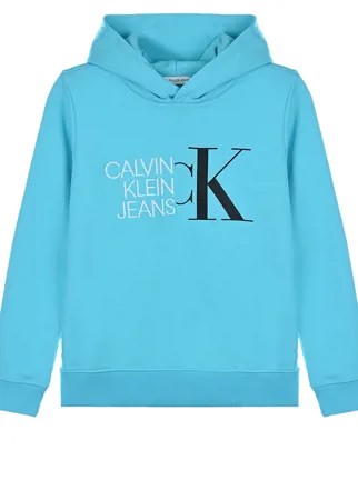 Голубая толстовка-худи с белым логотипом Calvin Klein